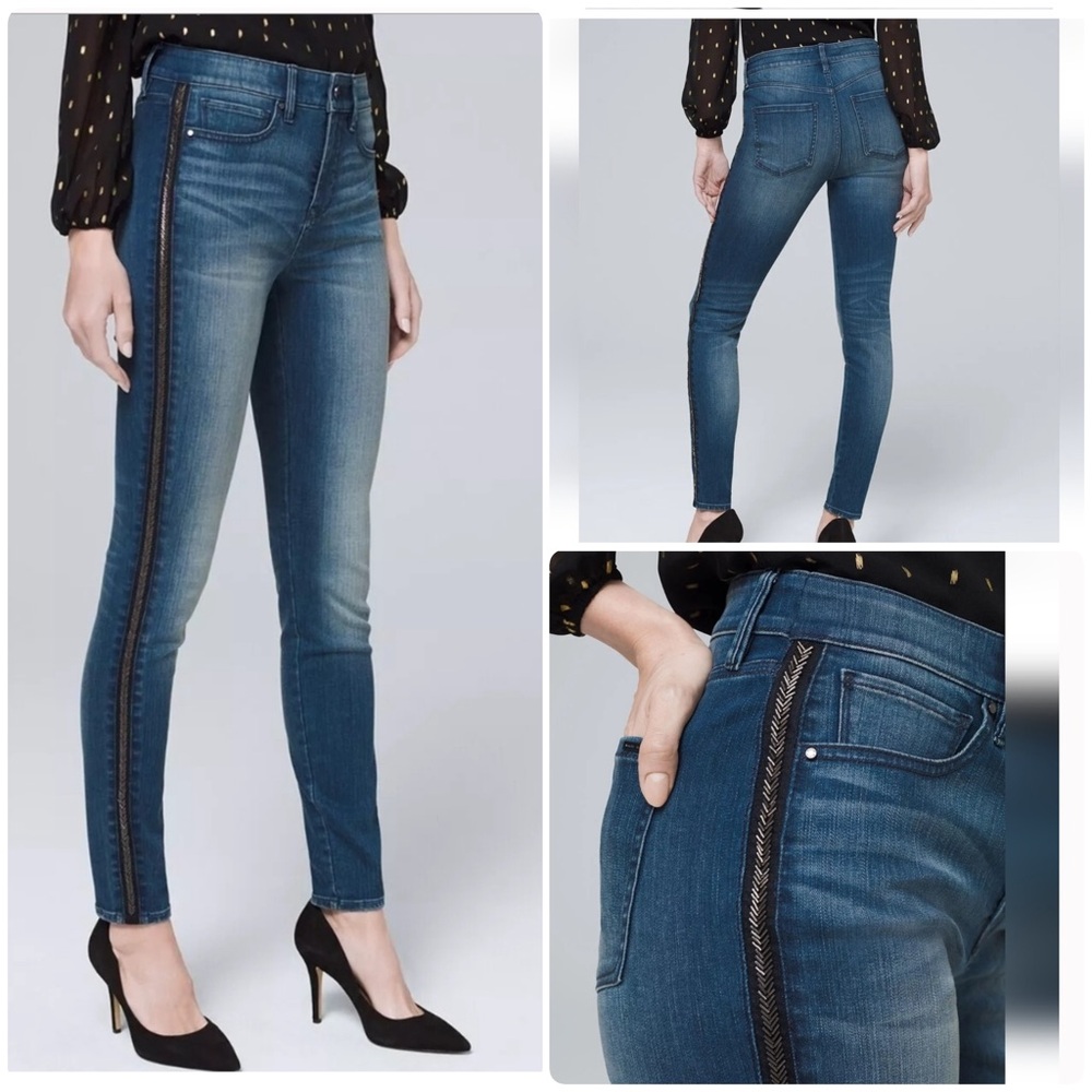 WHBM TUXEDO BEADED HIGH RISE SKINNY ANKLE JEANS
